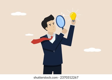 Perfectionist, researching in detail, focus on perfect result concept, perfectionist businessman researching with magnifying glass looking at every detail of light bulb idea. Businessman illustration.