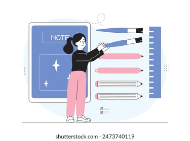 Perfectionist woman concept. Young girl with ocd fixes whiskers situation in art workshop. Mental problem and psychological disorder. Linear flat vector illustration isolated on white background