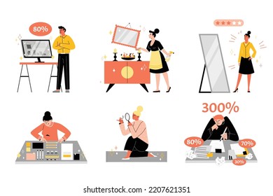 Perfectionists and OCD people cleaning, arranging things and criticize themselves. Set of flat vector illustrations isolated on white background. Obsessive compulsive disorder symptoms.