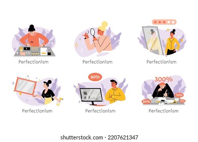 Perfectionists people cleaning, arranging things and are unsatisfied with their work. Set of flat vector illustrations isolated on white background. OCD characters work hard and criticize themselves.