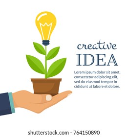 Perfective idea. Businessman is holding pots in hand with growing sprout. Vector illustration modern flat style design. Growing idea. Business metaphor.