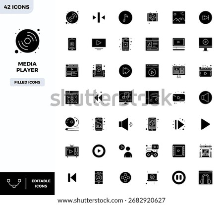 Perfectly balanced 42 Filled PIXEL perfect vector icons for Media Player, sized at 128x128 for harmonious integration in digital design projects.