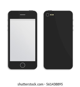 Perfectly detailed modern smart phone with blank screen. Realistic modern Mobile Phone, mock up, isolated on white background. Front and back side. Vector illustration EPS 10.