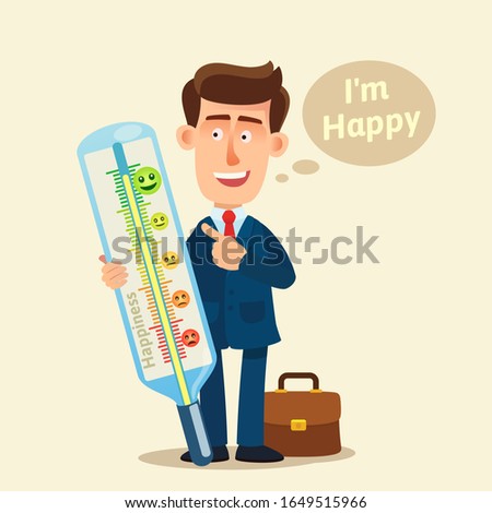 Perfectly happy person, concept. Happy businessman holds happiness meter and points his finger at the highest value of happiness. Person says I'm happy. Vector illustration, flat cartoon, isolated.