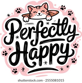 Perfectly happy typography with cute cat and paw prints in pastel colors. Tees for girl