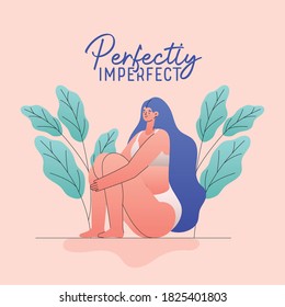 perfectly imperfect plus size woman cartoon in underwear with leaves design, Love and care yourself theme Vector illustration