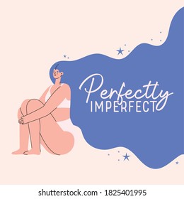 perfectly imperfect plus size woman cartoon in underwear with purple hair design, Love and care yourself theme Vector illustration