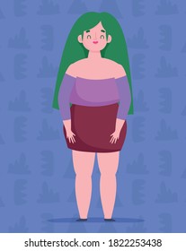perfectly imperfect, plus size young woman in skirt dress vector illustration