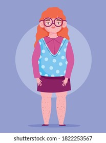 perfectly imperfect, woman with glasses and freckles standing cartoon vector illustration