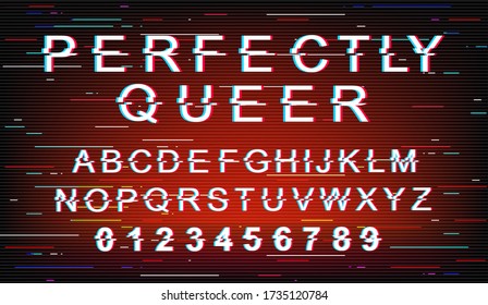 Perfekt queer Font-Vorlage. Retro futuristische Stil Vektoralphabet auf rotem Hintergrund gesetzt. Großbuchstaben, Zahlen und Symbole. Design der LGBTQ-Bewegungsart mit Verzerrungseffekt