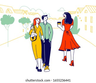 Perfidious Man Walking with Girlfriend Looking on another Sexy Woman on Street. Cheating, Treason and Perfidy Concept. Jealous Woman Angry on her Boyfriend. Cartoon Flat Vector Illustration Linear