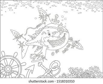 Perfidiously smiling great white shark pirate with fins sabers attacking in a tropical sea near a coral reef with wreckage of an old sail ship, black and white vector illustration in a cartoon style 