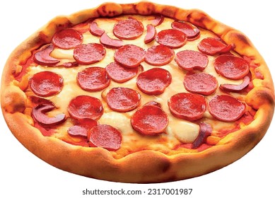 Perfil view of pepperoni pizza on white background