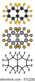 Perfluorodecalin fluorocarbon molecule. Used as component of artificial blood and for liquid breathing. Conventional skeletal formula and stylized representations.