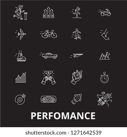 Perfomance editable line icons vector set on black background. Perfomance white outline illustrations, signs, symbols