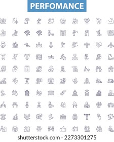 Perfomance line icons, signs set. Performance, Productivity, Efficiency, Accomplishment, Competence, Competency, Skill, Success, Successful outline vector illustrations.