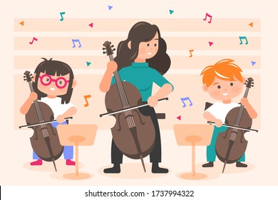 Perfomance, orchestra concept. Little happy children kids boy and girl playing cello with woman teacher on concert at theater opera. Lesson of classical music practicing in symphony band illustration.