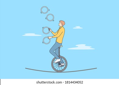 Perfomance, Sport, Art, Acrobatics, Air Concept. Young Professional Man Guy Boy Acrobat Athlete Juggler Gymnast Character With Clubs Riding Unicycle On Rope In Circus. Active Entertainment For People.