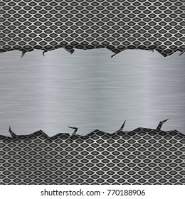 Perforated background with metal brushed plate. Vector 3d illustration