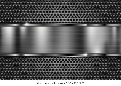 Perforated background with metal shiny plate. Vector 3d illustration