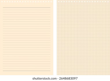 Perforated Beige Notebook Pages with Lines and Grids, Classic Planner Paper Set for School and Office Documents