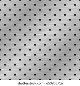 Perforated brushed metal texture. Vector seamless pattern. Steel background with holes.