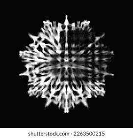 Perforated dotted halftone contour of a mandala on dark background with a highlighted upper right sector with clearly drawn rays. Vector.