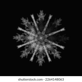 Perforated dotted halftone outline of snow mandala with rays. One sector is allocated. vector.