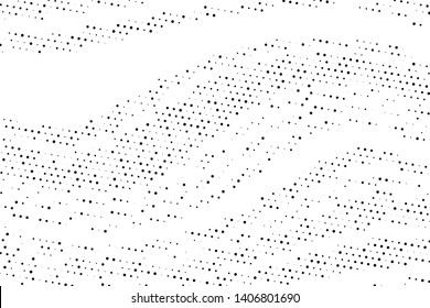 Perforated dotted panel. Polka dot of different scale, randomly placed on a white background. Vector illustration. Splatter background. Black glitter blow explosion and splats on white. 