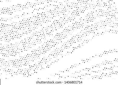 Perforated dotted panel. Polka dot of different scale, randomly placed on a white background. Vector illustration. Splatter background. Black glitter blow explosion and splats on white. 