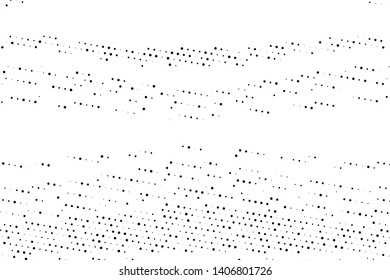 Perforated dotted panel. Polka dot of different scale, randomly placed on a white background. Vector illustration. Splatter background. Black glitter blow explosion and splats on white. 