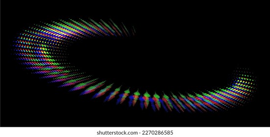 Perforated dotted polka dot iridescent round swirl semi-oval on a black background. Glitch or shift image. Vector.