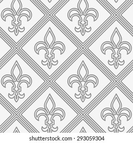 Perforated double countered Fleur-de-lis.Seamless geometric background. Modern monochrome 3D texture. Pattern with realistic shadow and cut out of paper effect.