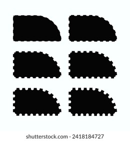 Perforated edge one rounded corner rectangles. A group of 6 rectangular symbols with notched edges. Isolated on a white background.