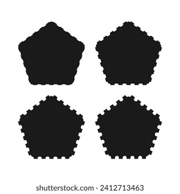 Perforated edge pentagon shapes icon set. A group of 4 pentagonal silhouettes with notched edges. Isolated on a white background.