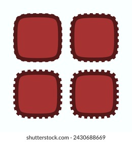 Perforated edge red squircle stroke shapes. A group of four curved squares with notched edges. Isolated on a white background.