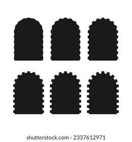 Perforated edge round arch shape icons. A group of 6 archway symbols with notched edges. Isolated on a white background.
