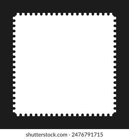 Perforated edge square shape border frame. An empty white squared outline with notched edges on a black background.
