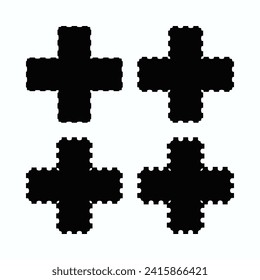 Perforated edge Swiss cross icon set. A quartet of black symbols with notched edges. Isolated on a white background.