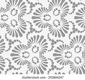 Perforated Flourish Tear Drops Trefoils And Dots.Seamless Geometric Background. Modern Monochrome 3D Texture. Pattern With Realistic Shadow And Cut Out Of Paper Effect.