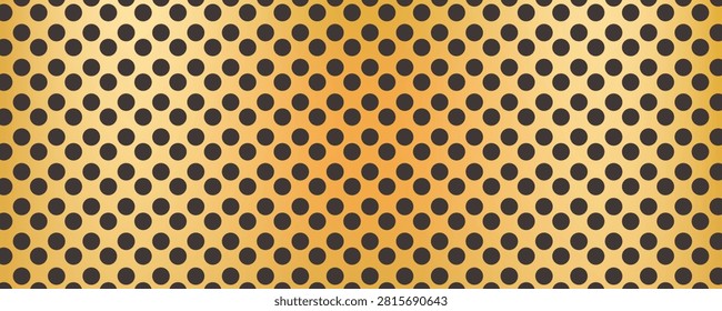 Perforated golden metal sheet seamless pattern with dark round dots. Steel grill surface texture with circular holes