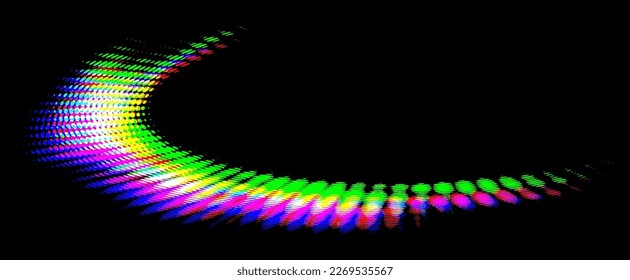 Perforated halftone dotted or polka dot rounded frame with CMYK color shift or glitch on black background. The lining changes the color scheme. Vector.
