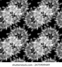 Perforated halftone seamless pattern of rotating mandalas with overlap and offset. Transparent background. Vector.