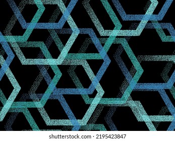 Perforiertes, geometrisches, nahtloses Vektormuster aus Hexagon. Kontinuierliches Design von Textbausteinen und Hintergrundgrafiken. Gradient Körner sechseckig Formen. Digitale Blende von Punkten Rauschen wiederholbaren Muster.