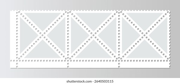 Perforated labels set. Post stamps collection. Empty postal triangular stamp. Postage frames. Blank borders for mail letter. Paper postmarks isolated on gray background. Vector illustration.