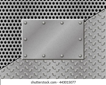 Perforated Metal Background with plate and rivets. Metallic grunge texture. Steel, iron, aluminum surface template. Abstract techno vector illustration.