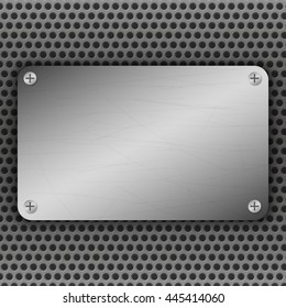 Perforated Metal Background with plate and rivets. Metallic grunge texture. Brushed Steel, iron, aluminum surface template. Abstract techno vector illustration.