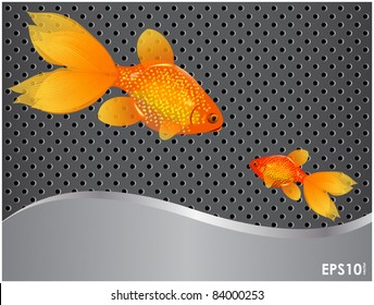 Perforated metal background with two located on it translucent goldfish