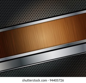 perforated metal background with wooden banner