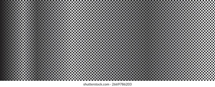 Perforated Metal Mesh Background With Symmetrical Holes and Industrial Geometric Design. A close-up view of a metallic surface with circle. Vector
